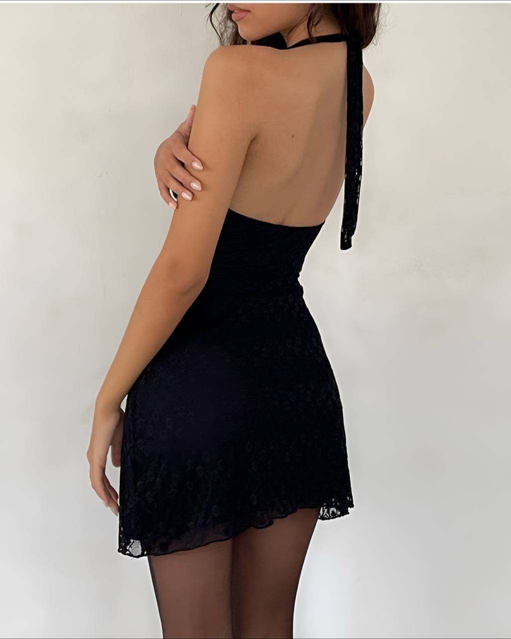 Bria Noir-Black Lace Halter Mini Dress