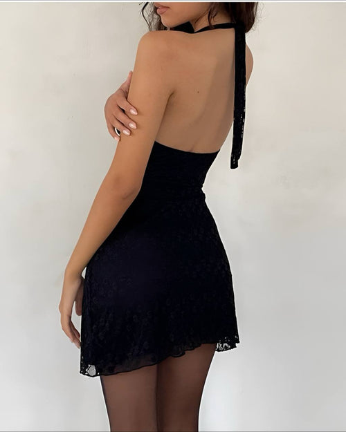 Bria Noir-Black Lace Halter Mini Dress