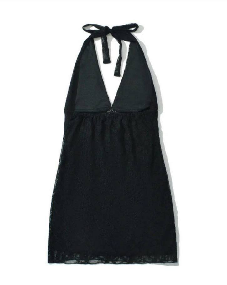 Bria Noir-Black Lace Halter Mini Dress